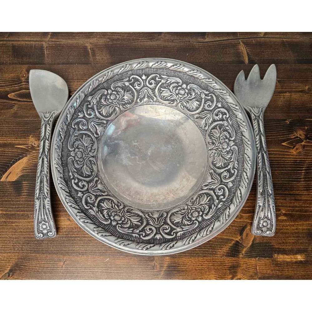 Wilton Armetale William &‎ Mary Metal Salad Serving Bowl w/Fork and Spoon Floral